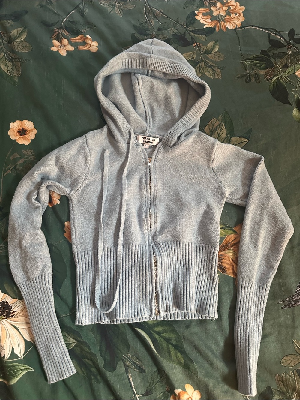Frankie’s Bikinis Aimee cloud knit hoodie in cornflower blue.